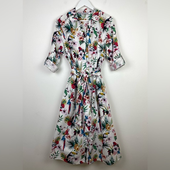 Per Una Parrot Print Belted Cotton Shirt Dress Long Midi UK 18 Roll Tab Sleeve - Picture 2 of 13